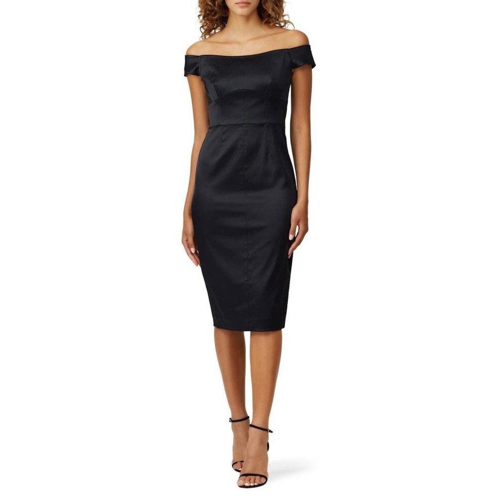 Milly Ari Solid Black Off The Shoulder Satin Cocktail Sheath‎ Dress Size 6